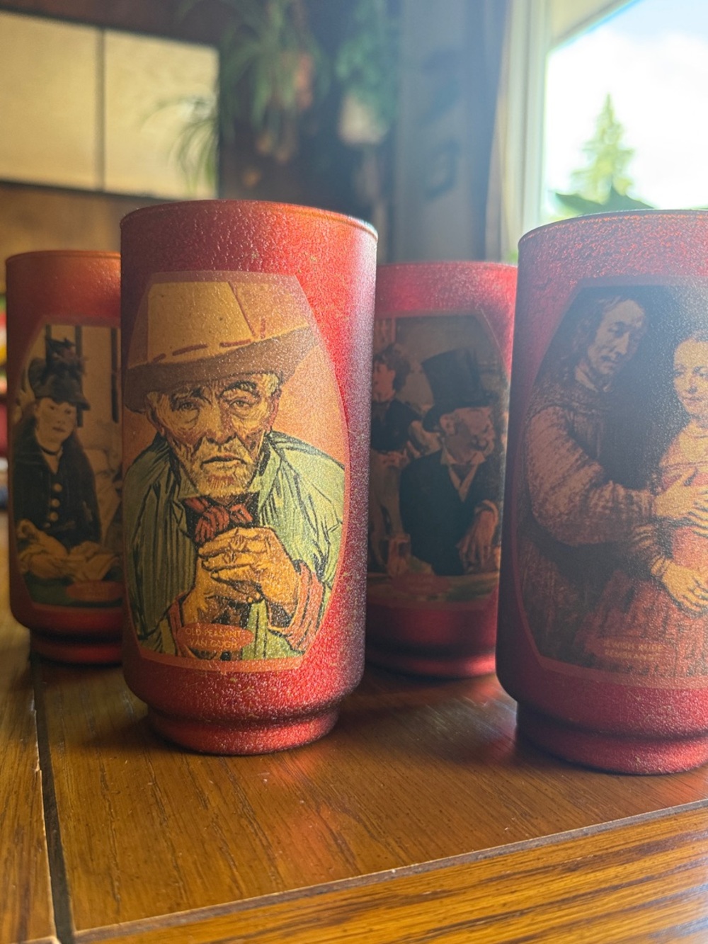 Vintage 1970s Art Highball Glasses Set of 4 Textured Ruby Red Tumblers